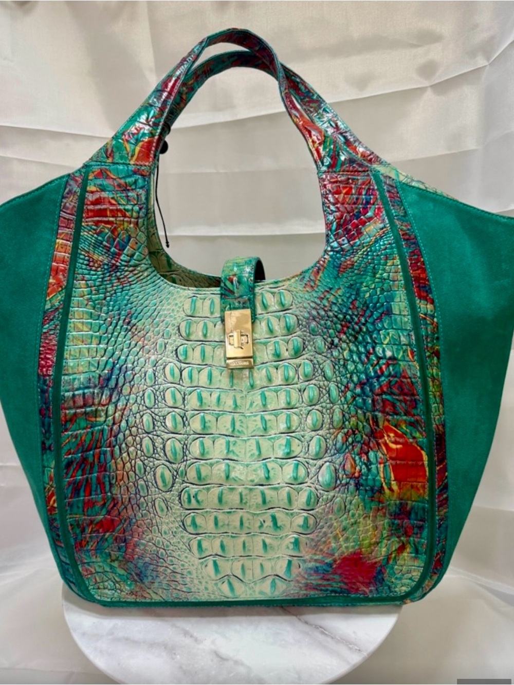 Brahmin Teal Multi Croc-Embossed Leather Tote